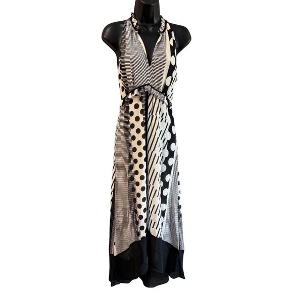 Maeve Black White Maxi Halter Dress 2 Polka Dot Stripe Anthropologie - Picture 1 of 12